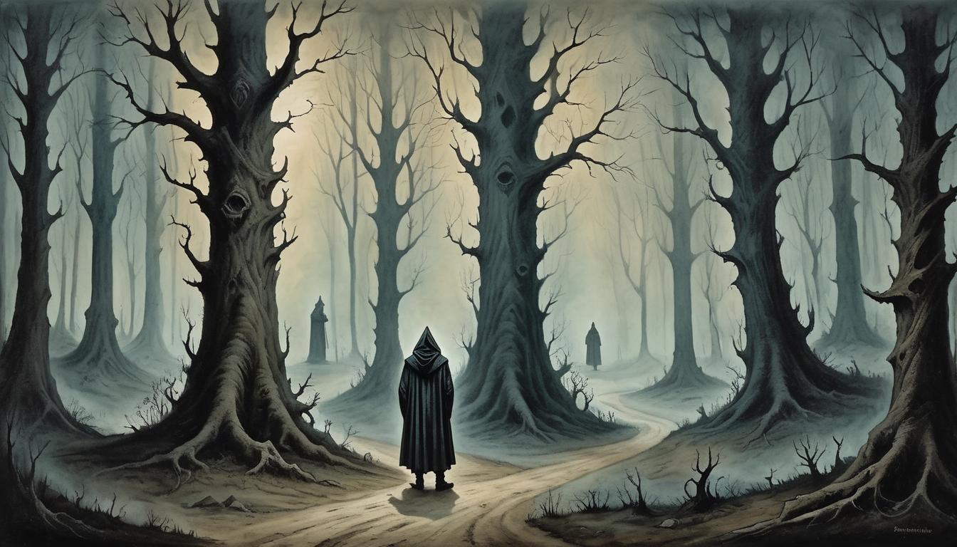  on parchment, surrealism+++, figure standing at a crossroads, shadows stretching in multiple directions, dark forest surrounding, hooded figure in the distance, mysterious and eerie(mysterious, provocative, symbolic,muted color)+++