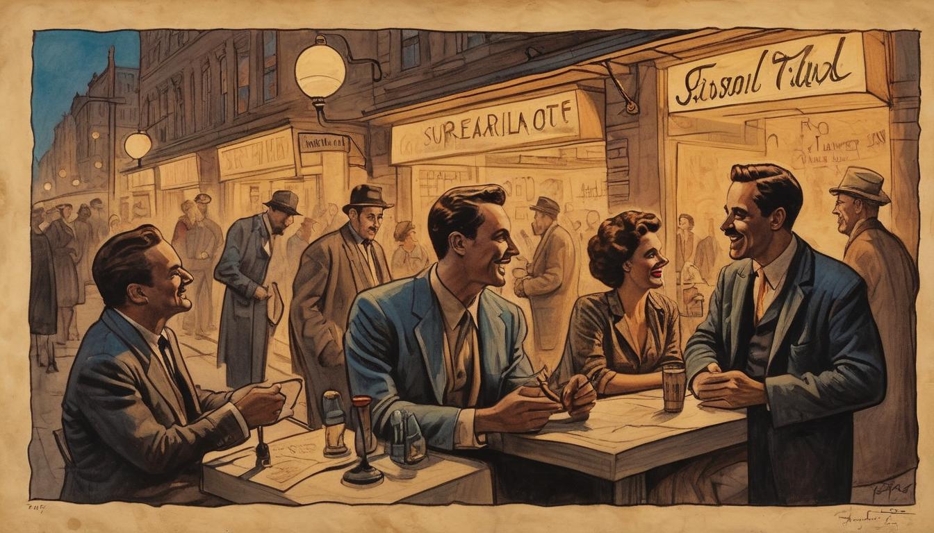  on parchment, surrealism++, a group of people in stylish, modern clothing, laughing and chatting in an urban setting, streetlights, neon signs, fleeting moment, shallow(mysterious, provocative, symbolic)++