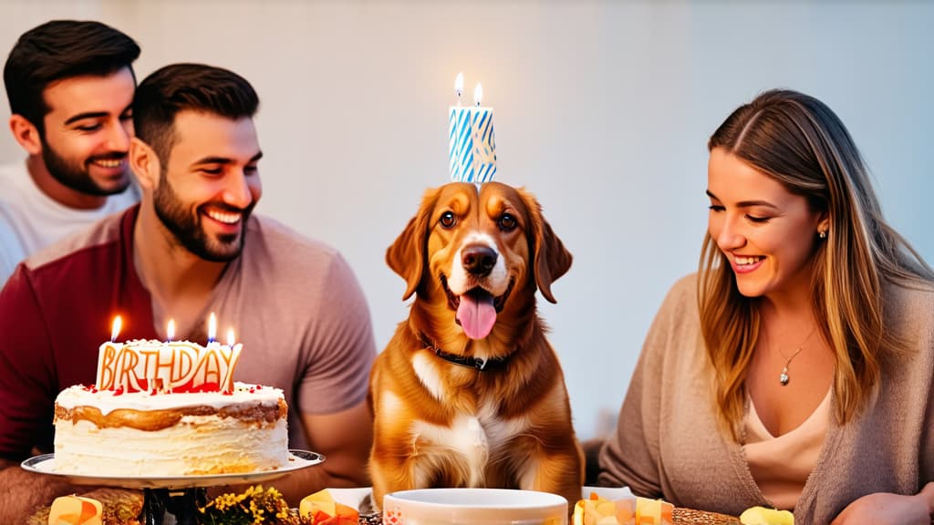  professional detailed photography, happy dog ​​celebrates birthday with cake and candle, festive atmosphere. joyful family around ar 16:9, (muted colors, dim colors, soothing tones), (vsco:0.3)