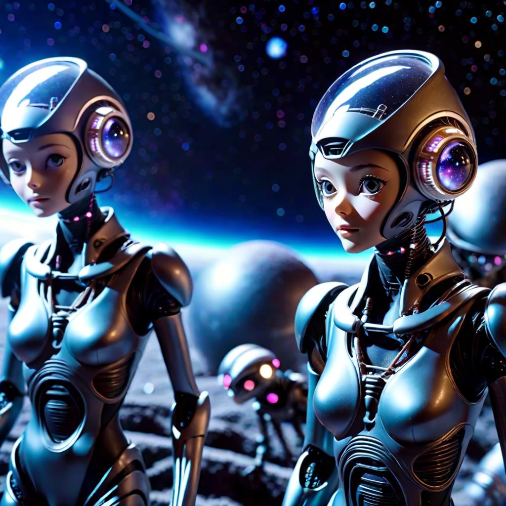  cinematic photo two alien girl robot in wires with big eyes in close up helmets, in outer space against the background of bright galaxies, stars and comets . 35mm photograph, film, bokeh, professional, 4k, highly detailed