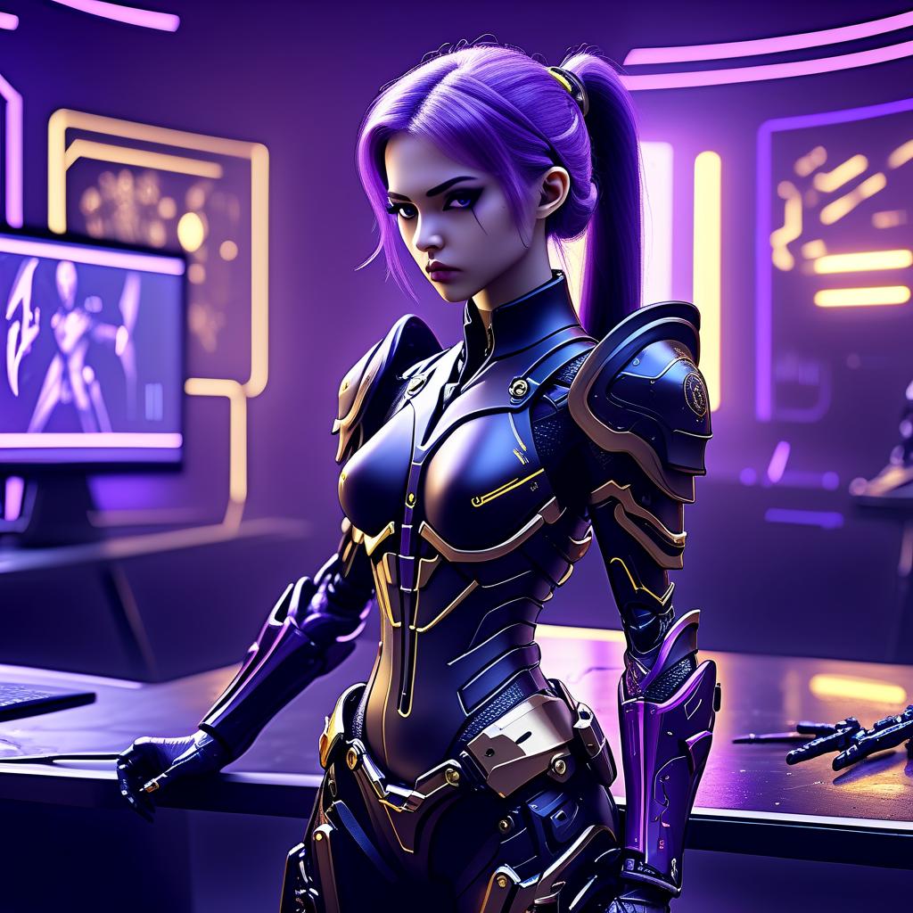  cinematic photo figured slender girl archer of the future, in fashionable elite black cool armor, in cyber implants, fully armed with a combat arsenal, stands in a calm posture, european appearance light skin, (eye color dark purple with golden streaks:1/3) 3d,hdt, ultra hd,hdr+,4k resolution, maximalism, realism, miltech agent, biomechanism, cyborgization, art, fantasy, both work tables, detailing, cyberpunk style, in the background of the future . 35mm photograph, film, bokeh, professional, 4k, highly detailed, hkmagic