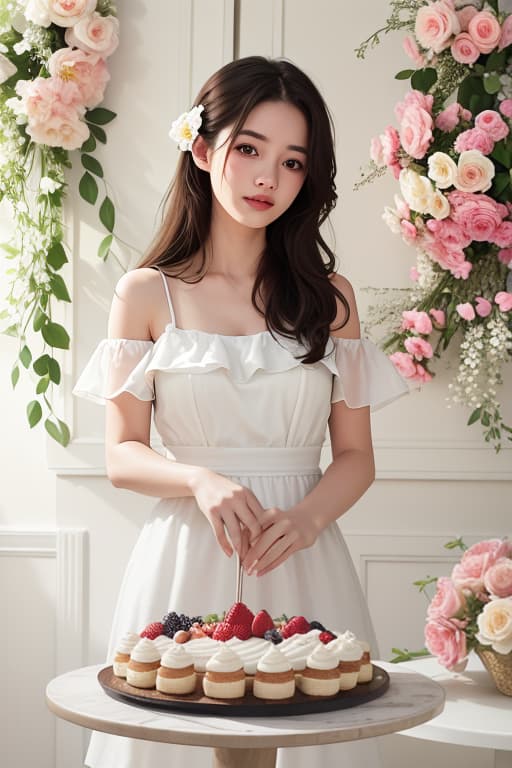  a high quality image of a three tier cake decorated with pastel flowers and fresh fruits, set against the warm and inviting backdrop of a bakery. the lighting emphasizes the textures and layers of the cake, creating a soft and dimensional look. the background has a subtle blur to focus on the cake. ar 1:1, advertising photo,high quality, good proportion, masterpiece , the image is captured with an 8k camera