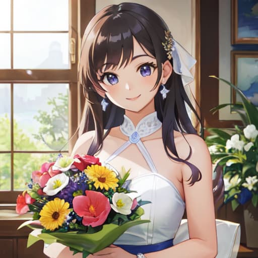  master piece , best quality,pretty girl, beautiful bouquet, smiling face.