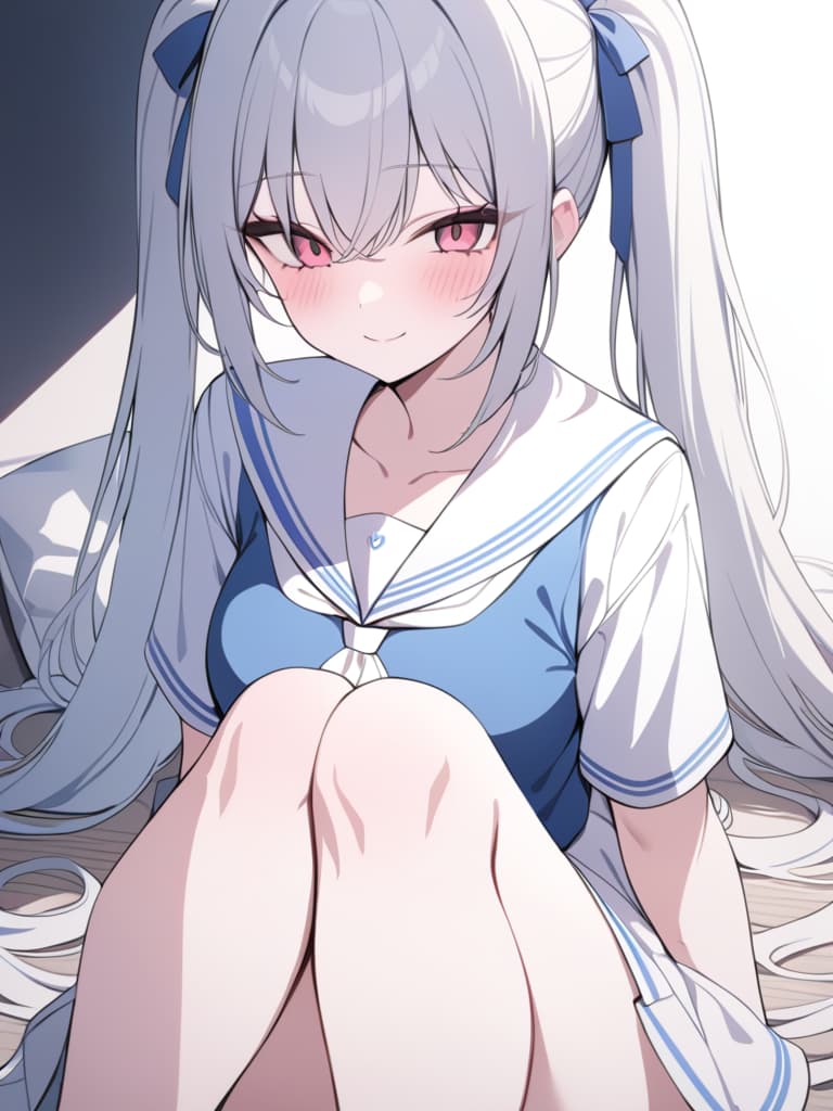  illness, twin tail, sailor suit, menhera, yandere, sitting on the ground, smile, masterpiece, best quality,8k,ultra detailed,high resolution,an extremely delicate and beautiful,hyper detail