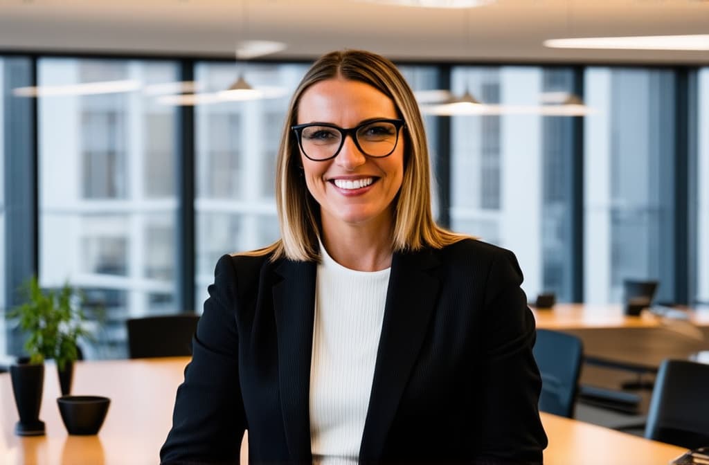  professional detailed photography, portrait of smiling businesswoman in black glasses standing in open plan office. happy female professional executive manager, financial banking or marketing data. ar 3:2, (muted colors, dim colors, soothing tones), (vsco:0.3)