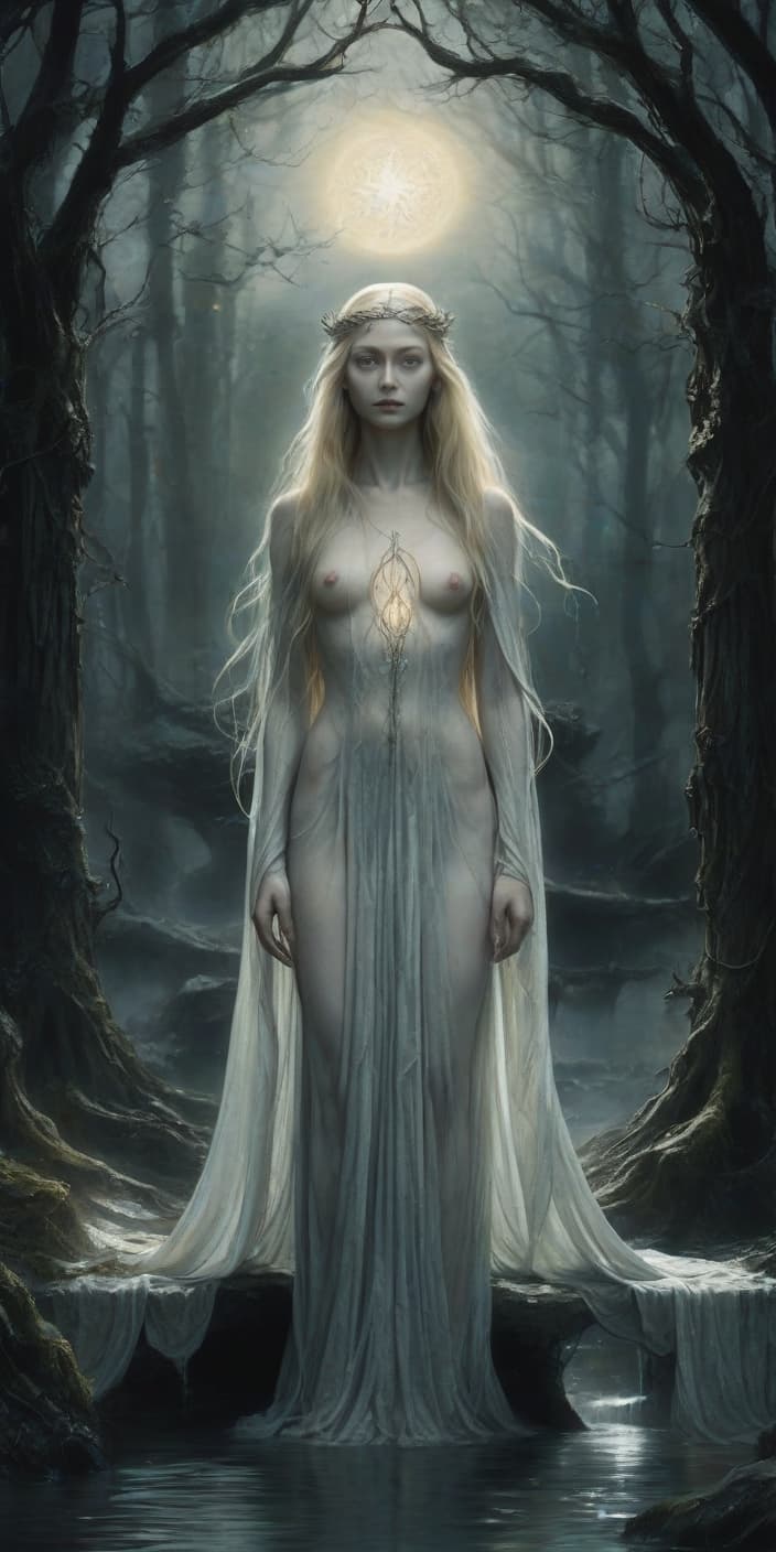  macabre style naked galadriel : tolkien's universe . dark, gothic, grim, haunting, highly detailed