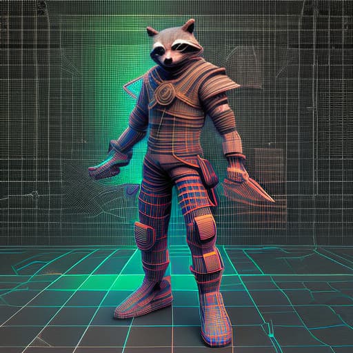 nvinkpunk ninja raccoon cyberpunk armour of god, (3d render:1.25), realistic, dark, epic, (detailed:1.22), textured