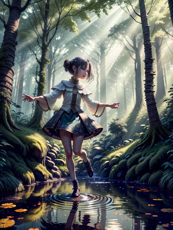  master piece, best quality, ultra detailed, highres, 4k.8k, Young , Dancing in the , Innocent, BREAK A young exploring a mystical forest., Enchanted forest, Trees, flowers, mushrooms, and a small pond, BREAK Mysterious and serene, Glistening from the water and sunlight filtering through the trees, V0id3nergy