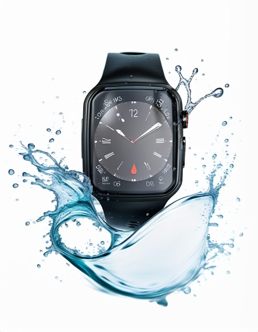  smart watch on a white background, around beautiful splashes of water, film photography style