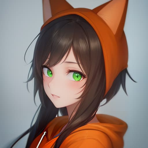  A boy in an orange hoodie and animal ears with green eyes. hyperrealistic, full body, detailed clothing, highly detailed, cinematic lighting, stunningly beautiful, intricate, sharp focus, f/1. 8, 85mm, (centered image composition), (professionally color graded), ((bright soft diffused light)), volumetric fog, trending on instagram, trending on tumblr, HDR 4K, 8K