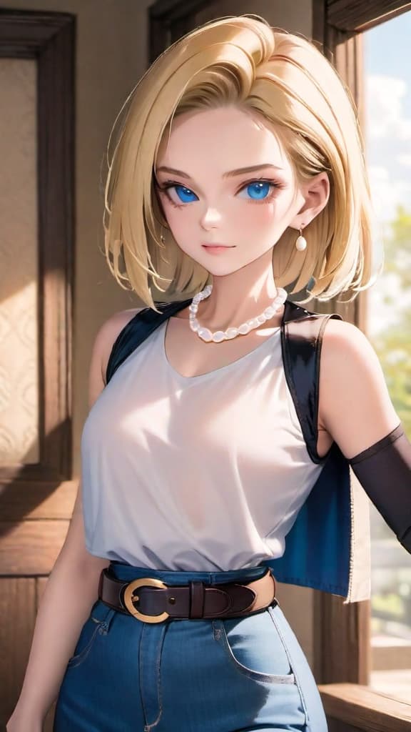   in room , DB_Android_18, a woman, jewelry, blond hair, earrings, blue eyes, belt, necklace, blue , black fingerless gloves, white shirt, vest, hoop earrings, short sleeves, celet, pearl necklace, black belt, belt buckle,