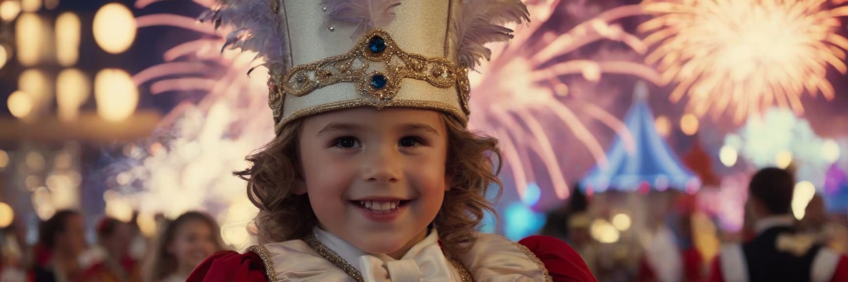  cinematic photo photos of children in carnival costumes, masquerade, magicians, a lot of laughing people, fireworks, the effect of blurring the background, cinematic, fabulous style . 35mm photograph, film, bokeh, professional, 4k, highly detailed