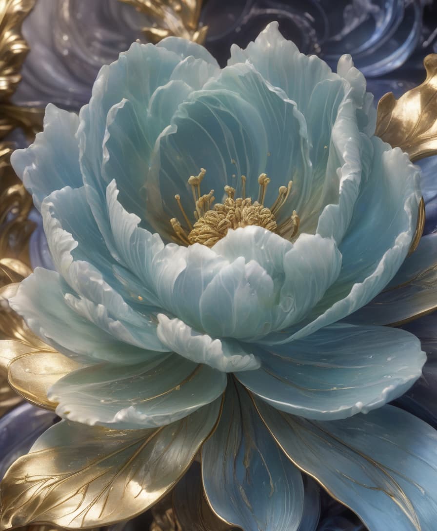  hyperrealistic art digital image. a professional snapshot. close up. (sculpture: 1.6). (mystical peony made of porcelain and colored glass: 1,6). clear texture of porcelain and glass. a radiant aura of magic, delicate ornamental patterns on the petals. a lush glass bud. the delicate petals are framed by baroque lines. white with bright blue streaks. elegant green porcelain petals. polished (glossy). mesmerizing, shiny, sparkling. shining from the inside of the bud. magical, mystical. dark ribbed textures. the background is surreal abstractionism, fog, from which intricate patterns on tulip leaves appear, shimmering with all the colors of the rainbow. thin curls of lines of magic and witchcraft: fractal gradients. stylistics: pronounced deco