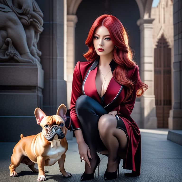  red haired woman with her french bulldog hyperrealistic, full body, detailed clothing, highly detailed, cinematic lighting, stunningly beautiful, intricate, sharp focus, f/1. 8, 85mm, (centered image composition), (professionally color graded), ((bright soft diffused light)), volumetric fog, trending on instagram, trending on tumblr, HDR 4K, 8K