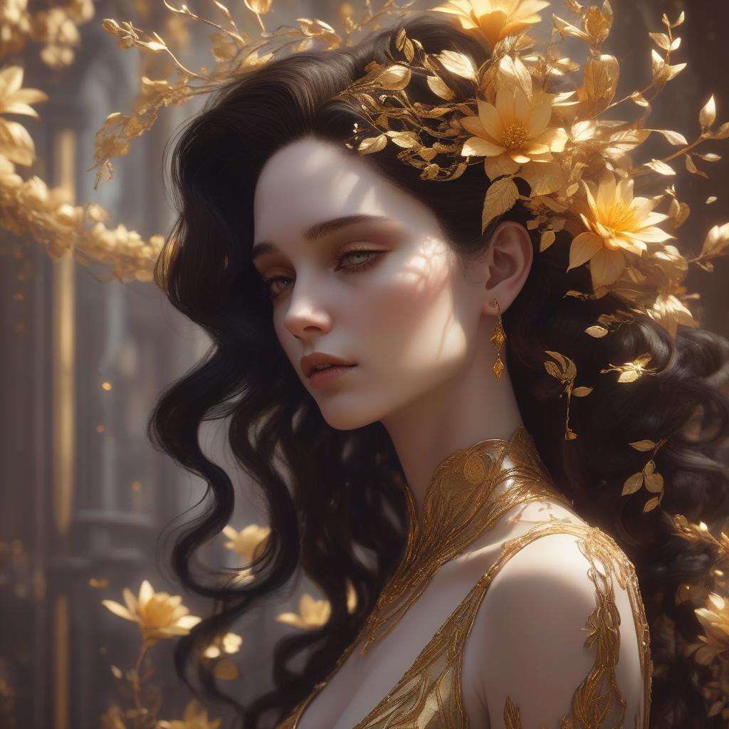  sleek, porcelain skinned woman in profile gazing upward, rich dark tresses cascade down her back, adorned with delicate golden flowers intertwined with strands, soft warm light dances across her face. sumptuous velvety textures, and ethereal atmospheric effects like those seen in 8k resolution, trending pieces on artstation, influenced by the stunningly detailed digital illustrations of anna dittmann, with the rich colors and intricate patterns reminiscent of unreal engine 5 concept art.