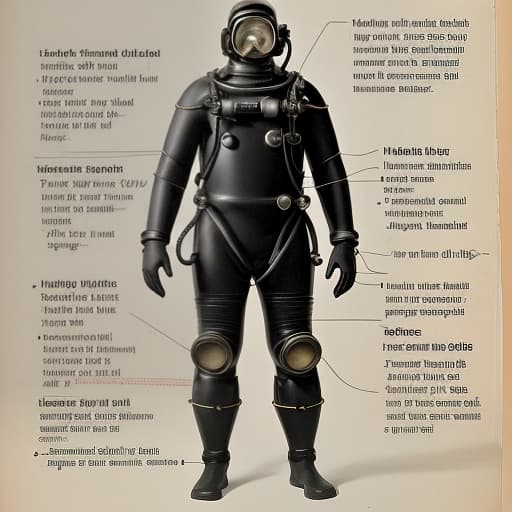  a man in a huge, old underwater diving suit, full length, in a helmet, stands straight, arms shoulder width apart. image diagram.