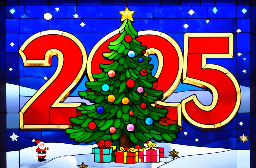  glass vintage stained glass, image of new year, letters "2025", new year tree, gifts, santa claus ar 3:2 {prompt}, maximum details