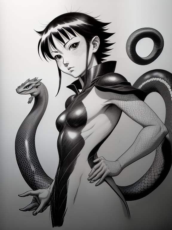  after her transformation, faerun was reborn as a snake, the size of a small lizard. the skin on her upper body was dark blue, while the skin on her lower body was light yellow. she also had several blue dots on her back, the tip of her tail, and her ears. she had purple eyes and three small horns on her head., (manga style, yusuke murata, satoshi kon, ken sugimori, hiromu arakawa), pencil drawing, (b&w:1.2), low detail, sketch, concept art, anime style, line art, webtoon, manhua, chalk, hand drawn, defined lines, simple shades, simplistic, manga page, minimalistic, high contrast, precision artwork, linear compositions, scalable artwork, digital art, high contrast shadows