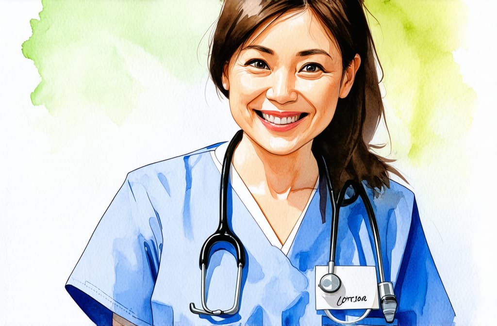  artwork a woman doctor in a medical gown looks at the camera and smiles photo ar 16:9 ar 3:2, watercolor techniques, featuring fluid colors, subtle gradients, transparency associated with watercolor art