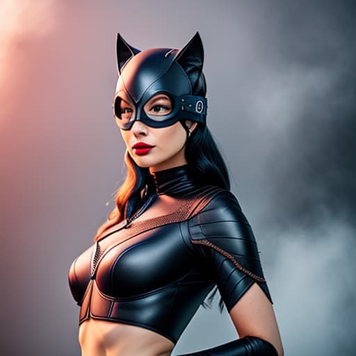  daring beautiful cosplay woman dressed as catwoman with ripped costome, soft focus, depth of field, 8k photo, hdr, professional lighting, taken with canon eos r5, 75mm lens hyperrealistic, full body, detailed clothing, highly detailed, cinematic lighting, stunningly beautiful, intricate, sharp focus, f/1. 8, 85mm, (centered image composition), (professionally color graded), ((bright soft diffused light)), volumetric fog, trending on instagram, trending on tumblr, HDR 4K, 8K