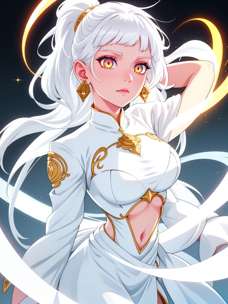  girl, rose tattoo on the stomach, white hair, golden eyes, white clothes, earrings on the ears, glowing arms, eyes shine, masterpiece, best quality,8k,ultra detailed,high resolution,an extremely delicate and beautiful,hyper detail