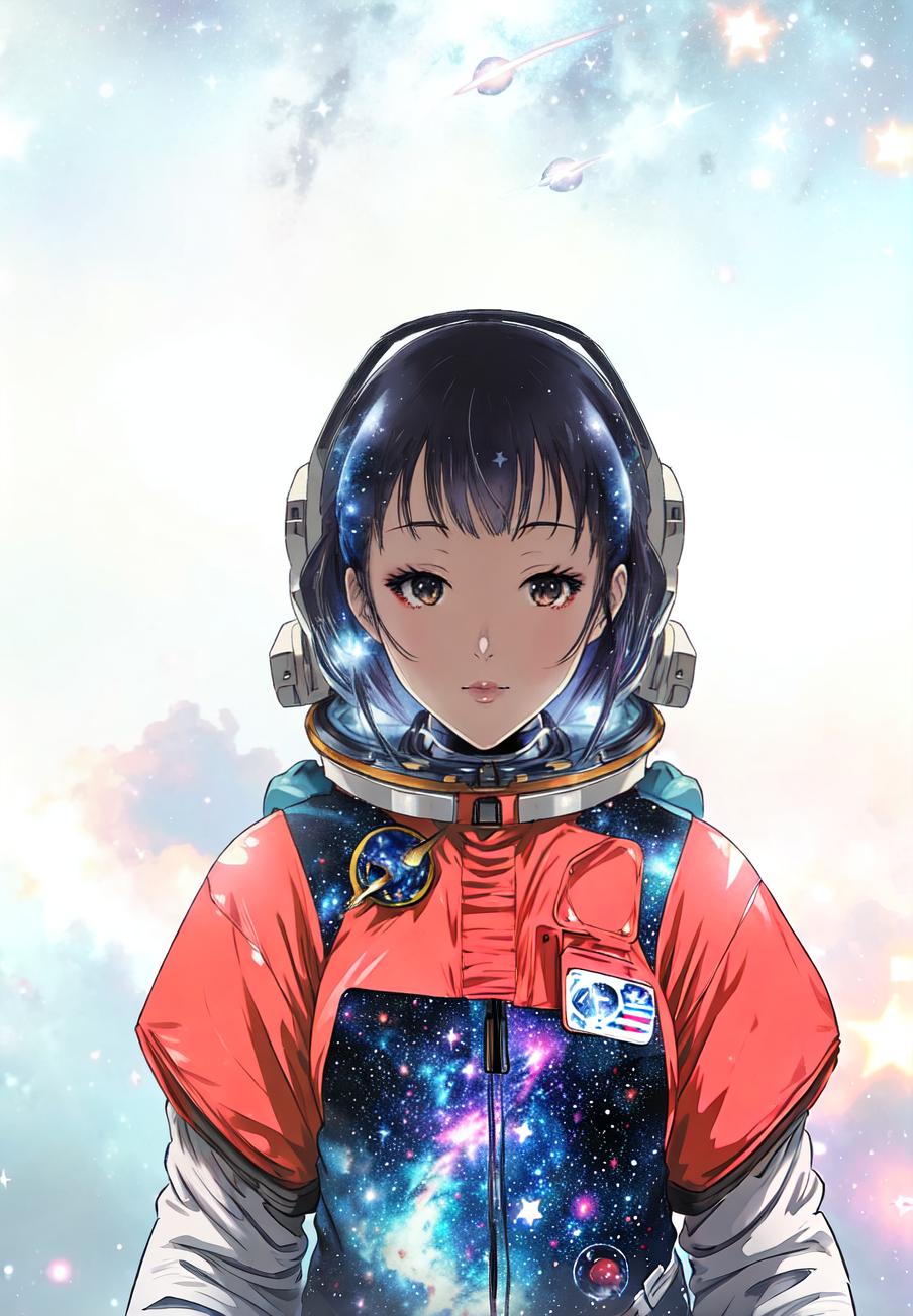  anime style, astronaut in space, fully detailed outer space background with stars, galaxies, nebulae, vibrant colors, wearing detailed space suit, cosmic scene, highly detailed spacesuit, complete space environment, clothing replace, space suit hyperrealistic, full body, detailed clothing, highly detailed, cinematic lighting, stunningly beautiful, intricate, sharp focus, f/1. 8, 85mm, (centered image composition), (professionally color graded), ((bright soft diffused light)), volumetric fog, trending on instagram, trending on tumblr, HDR 4K, 8K