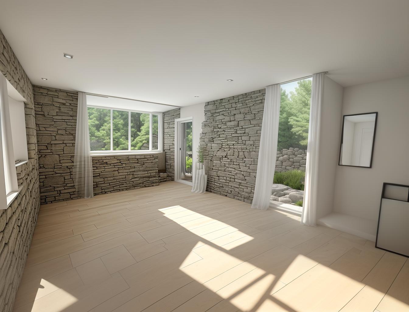  create a photorealistic image of a minimalist room with a stone wall and a large window. the stone wall should add texture and depth to the clean, modern design, while the window brings in natural light, enhancing the room's airy feel.