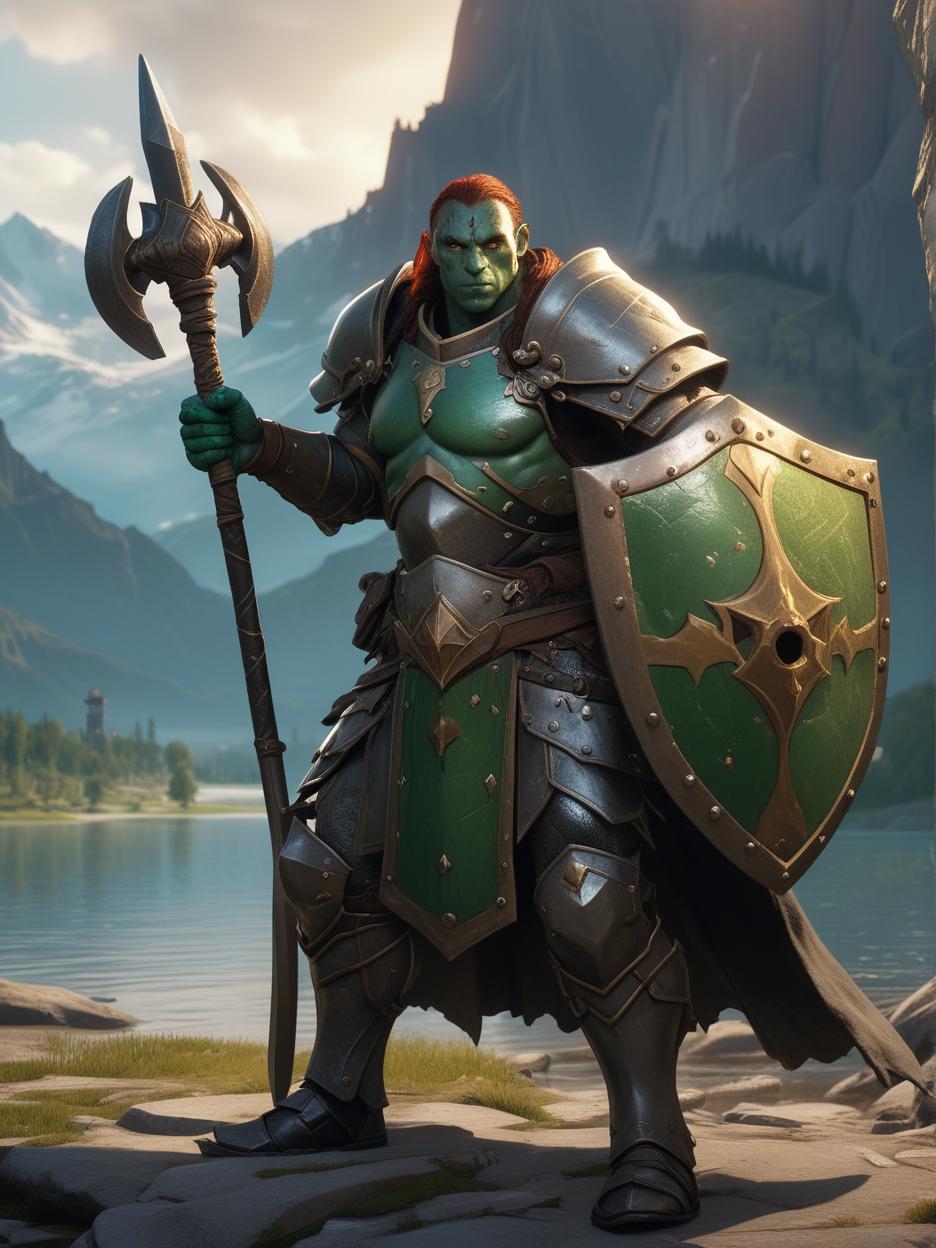  A dnd character, a male githzerai paladin of life, with green/grey skin and big brown freckles, holding a compact iron mace in a hand and a shield with a metal face , with as background a huge mountain illuminated by a golden light and surrounded by a glowing lake