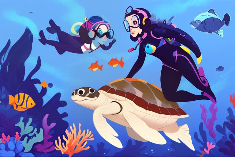  Cartoon 2d gradient flat vector illustration, soft shadows. Two Scuba divers in costumes diving, swimming underwater with mask, aqualung .Ocean wildlife, turtle, tropical fishes, sea floor. Detailed landscape of ocean wildlife, tropical fishes, corals, seabed. Minimalism. Flat vector illustration. Colorful cartoon flat illustration. Color palette from classical painting., by Andrew McCarthy, Navaneeth Unnikrishnan, Manuel Dietrich, photo realistic, 8 k, cinematic lighting, hd, atmospheric, hyperdetailed, trending on artstation, deviantart, photography, glow effect hyperrealistic, full body, detailed clothing, highly detailed, cinematic lighting, stunningly beautiful, intricate, sharp focus, f/1. 8, 85mm, (centered image composition), (professionally color graded), ((bright soft diffused light)), volumetric fog, trending on instagram, trending on tumblr, HDR 4K, 8K