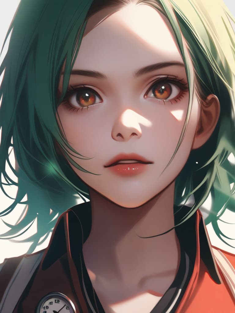  1girl,green hair,(((the clock is ticking:1.5))),realistic