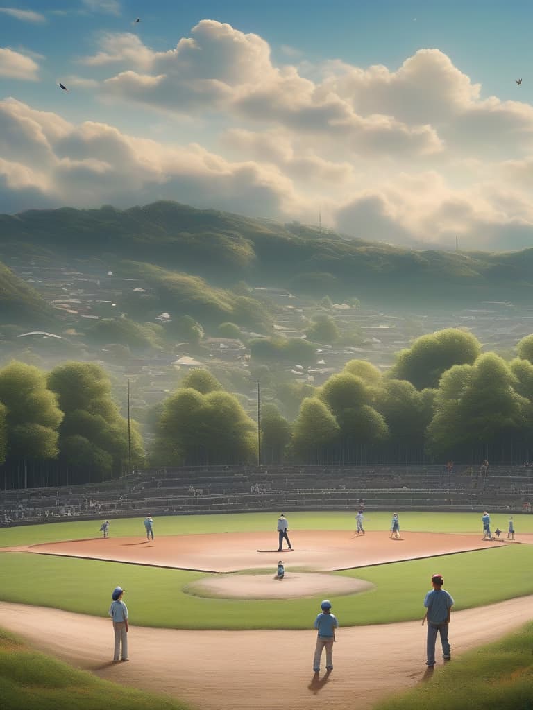  the background is ground, multiple boys are playing baseball, the sky is fine, masterpiece, best quality,8k,ultra detailed,high resolution,an extremely delicate and beautiful,hyper detail