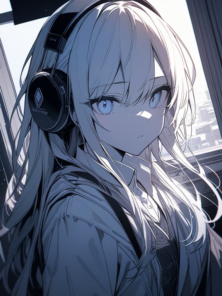  headphones, long hair, monochrome, eyes are light blue, cool, girl, masterpiece, best quality,8k,ultra detailed,high resolution,an extremely delicate and beautiful,hyper detail