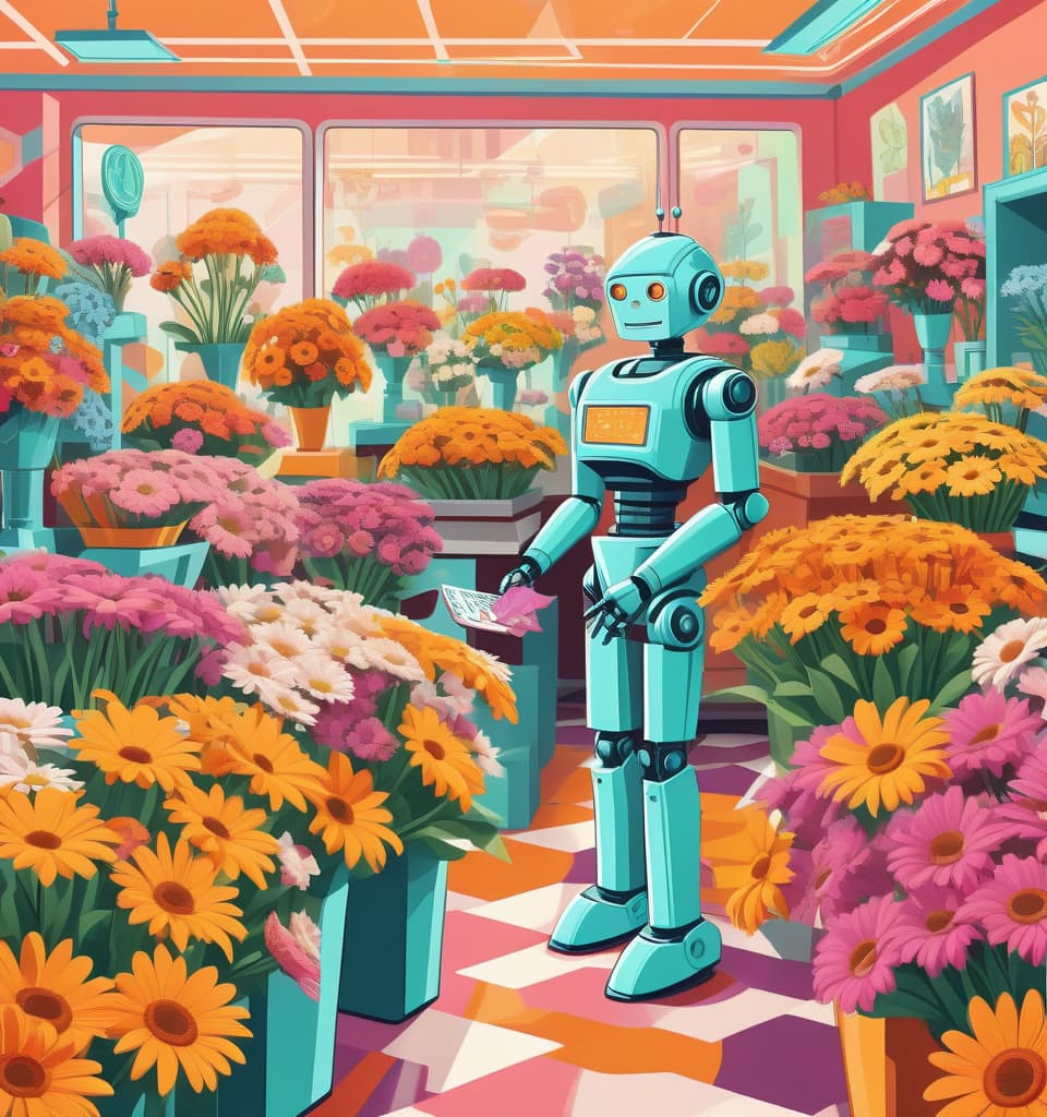  art deco style a humorous illustration. body language, bright colors, cartoon style. robot seller in a flower shop, makes bouquets of digital daisies, in the background there are many bouquets of flowers . geometric shapes, bold colors, luxurious, elegant, decorative, symmetrical, ornate, detailed