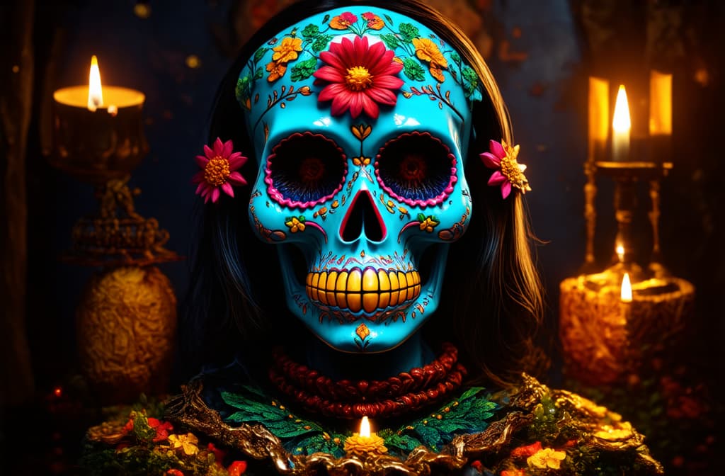  epic realistic, hyperdetailed, (cycles render:1.3), caustics, (glossy:0.58), (artstation:0.82),celebrating the day of the dead with an altar ar 3:2