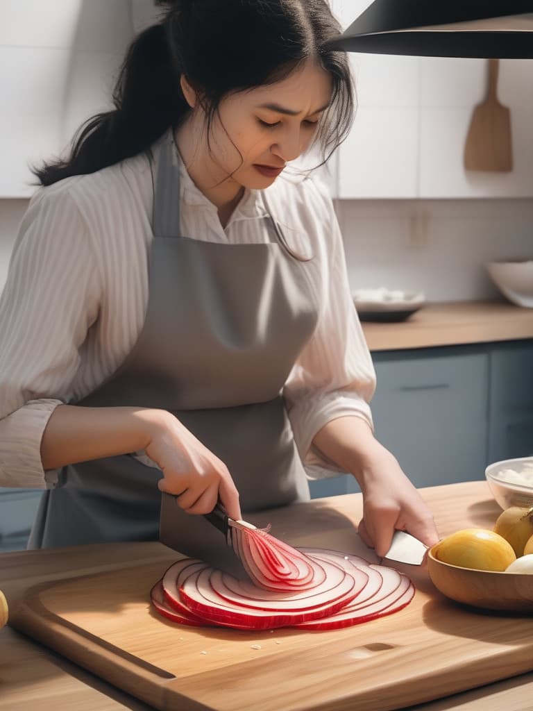  kitchen,woman wearing apron {cutting onion🧅 with knife on cutting board,(tears while slicing onion🧅 into thin strips:1.4)sliced onion🧅 on cutting board},super detail,high resolution,absurd,employed,