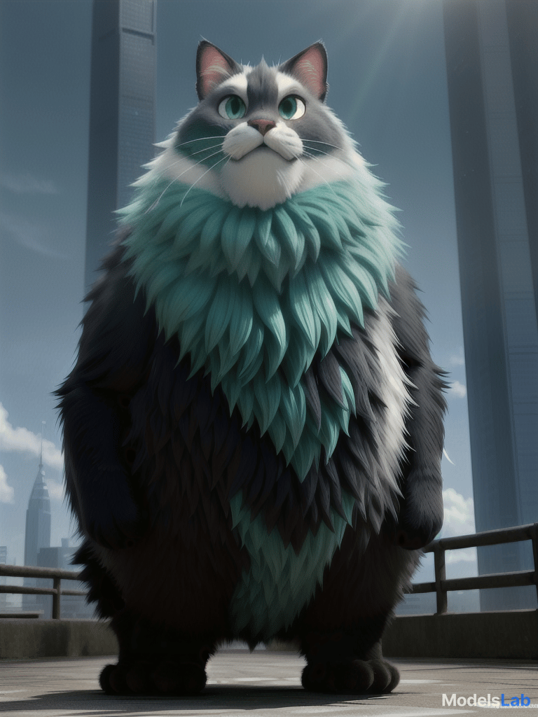  a ghibli animated style of a giant cat with sleek black fur, emerald green eyes, a shaggy mane, and a muscular build, towering over a bustling city like a furry skyscraper. hyperrealistic, full body, detailed clothing, highly detailed, cinematic lighting, stunningly beautiful, intricate, sharp focus, f/1. 8, 85mm, (centered image composition), (professionally color graded), ((bright soft diffused light)), volumetric fog, trending on instagram, trending on tumblr, HDR 4K, 8K