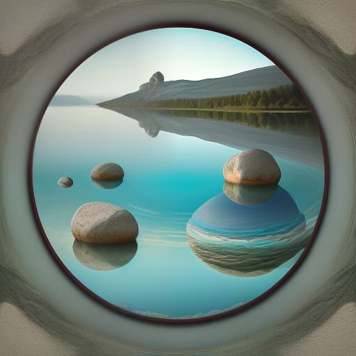  a round lake with rocks on the shore. circles on the water, (surrealism), dreamlike , distorted , abstract , symbolic