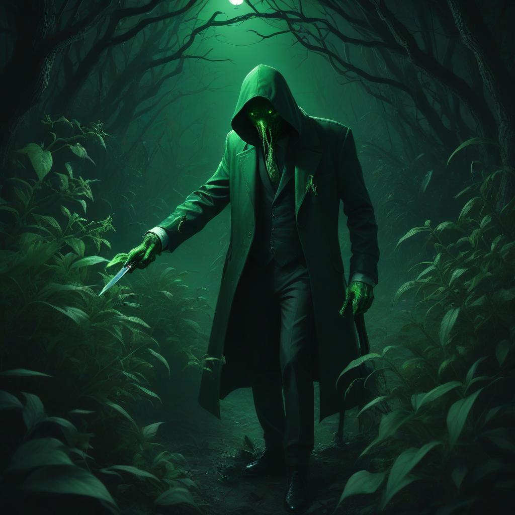  lovecraftian horror a fantasy sinister assassin standing in the bushes and pouring his dagger from a bottle of green poison in the dark . eldritch, cosmic horror, unknown, mysterious, surreal, highly detailed