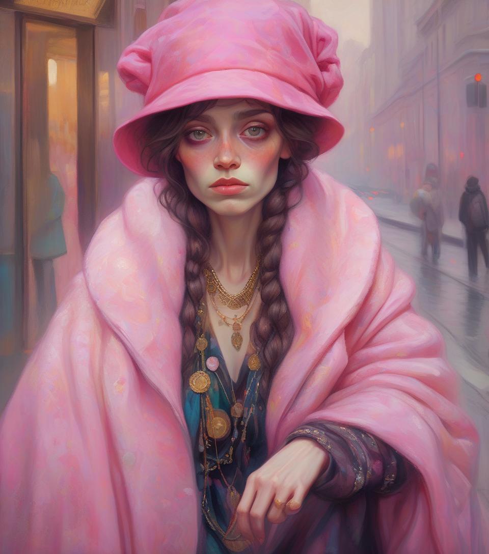  concept art oil painting portrait fashionable homeless woman, by gustav klimt, sad, romantic, breathtaking, by anna dittman, by gustav klimt, pink . digital artwork, illustrative, painterly, matte painting, highly detailed