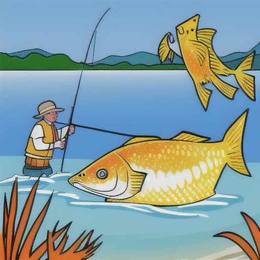  the fish thanked the fisherman and gave him one big golden fing to the fisherman.