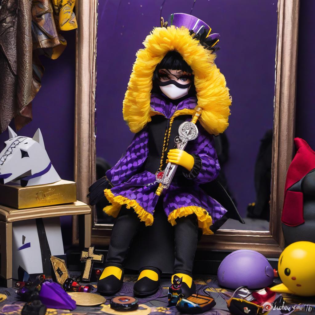  masked doll with aliquin outfit purple and yellow with black sitting in a dark mirror room sitting on the floor holding a tall hat with stitches on it broken toys everywhere on the floor, award winning, professional, highly detailed, masterpiece