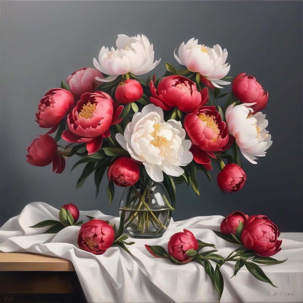  red and white, by c f. white peonies and red peonies in a vase on the table, dark grey wall. still life, oil on canvas.