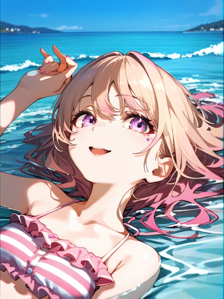  ultra detailed:1.2,masterpiece:1.2,best quality,masterpiece,bestquality,hdr:1.1,8k:1.1,very cute girl:1.3,(pink color,frill ,swimwear:1.6),(lying on side,at striped float bed on sea:1.8) ,smile:1.4 ,(blonde hair,twin tail,drill hair:1.3) ,(on the sea:1.7),upper body:1.3,dutch angel:1.5,open mouth,(upside down:1.7)(from above:1.1)((eyes highlight:1.1))