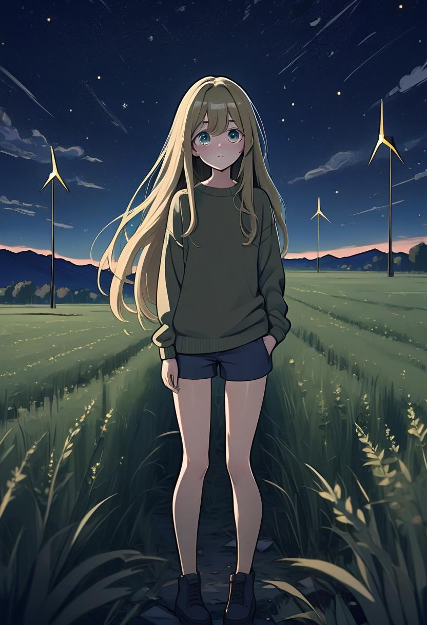  architectural style a girl in anime style with long hair stands in the middle of the field at night wearing a khaki sweater and pants. the girl looks at the starry sky at night, her eyes of a specific color are full of joy from the unknown and curiosity. her face is a little happy. the mouth is closed. she pulls her hand up towards the night sky. her knee high growth . clean lines, geometric shapes, minimalist, modern, architectural drawing, highly detailed