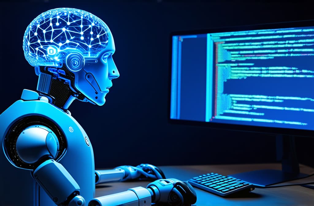  artificial intelligence ai with neural connections glows in the robot's head, there is a computer in front of the robot, the robot looks at the screen, types on the keyboard, blue glowing background ar 3:2 {prompt}, maximum details