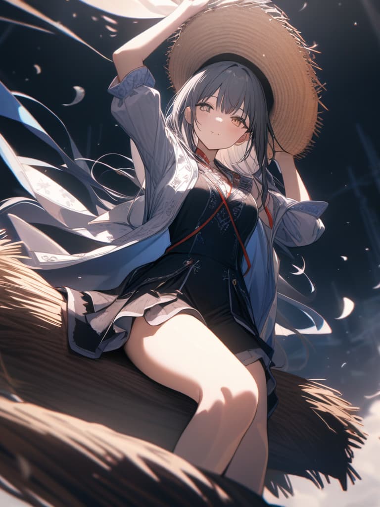  flying in the sky, riding in a broom, sitting on a broom, witch, holding a hat, a girl, sitting on a broom, on the broom, fluttering, holding down the hat, masterpiece, best quality,8k,ultra detailed,high resolution,an extremely delicate and beautiful,hyper detail