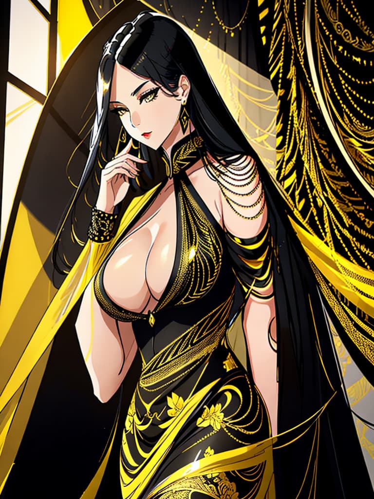  Golden yellow and sleek black color palette, captivating and inviting expression, exuding elegance and charm, magnetic beauty, intricate details, high contrast, luxurious feel, digital art, female, glossy finish, striking composition, dynamic lighting to enhance features.