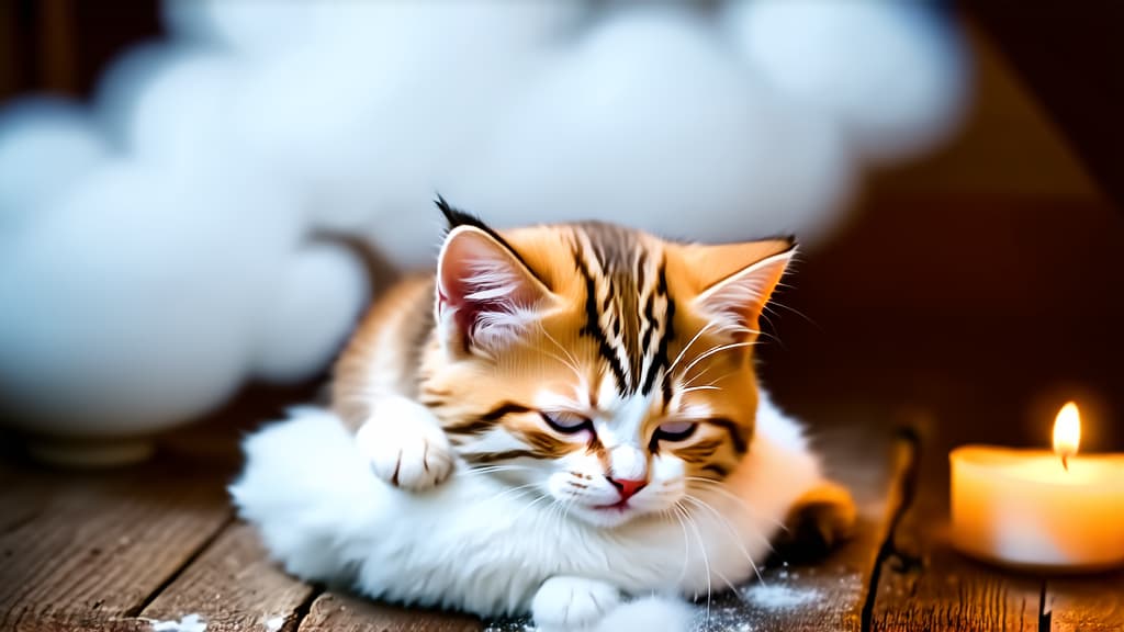  very small fluffy kitten sleeping on white cloud, cute baby surrounded by soft clouds and candles, rustic wooden table and tea set in the background, creating a cozy atmosphere with soft lighting in high resolution photo. ar 16:9 {prompt}, maximum details