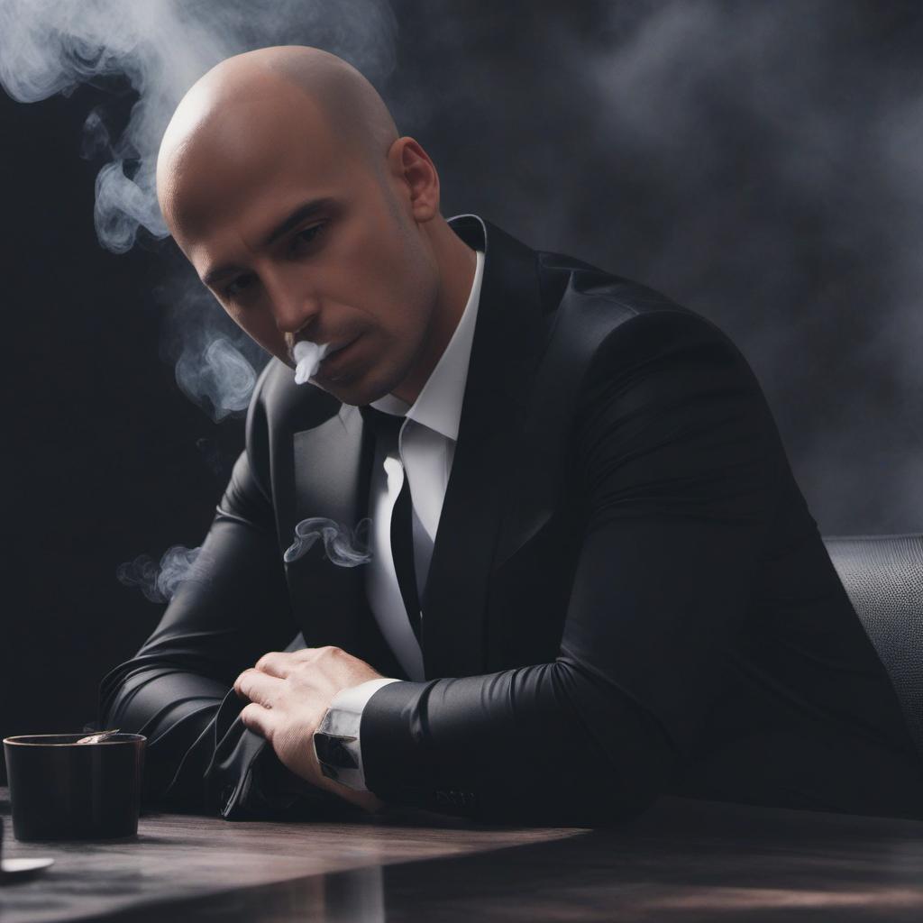  create a bald white man, smoking a cigarette and black clothes, emitting aura, profile image style