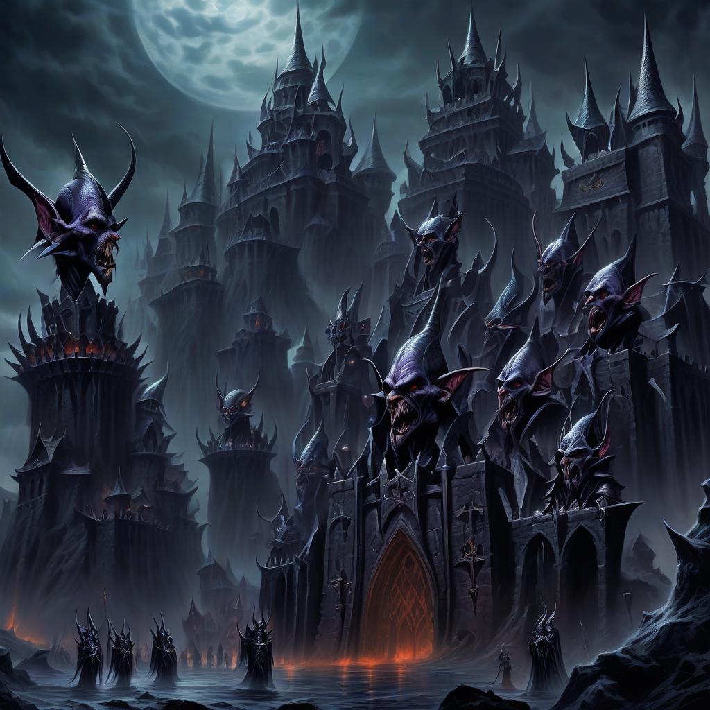  the sinister castle of dark elves, the heads of creatures on stakes